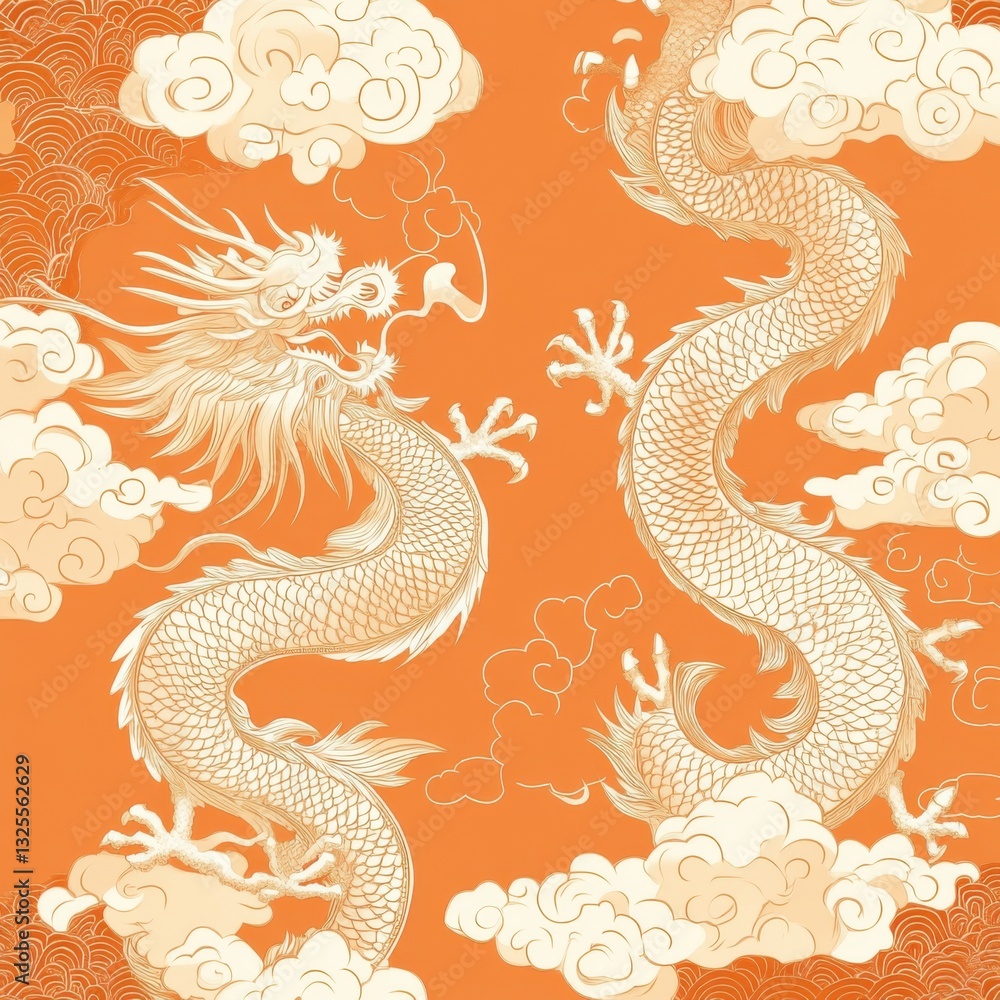 Fototapeta premium Elegant Asian Dragons Soaring Through Clouds
