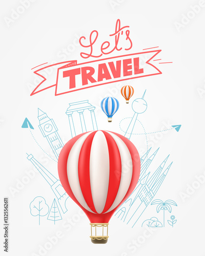 Air balloon with world buildings and logo. Air travel concept. 3d vector illustration