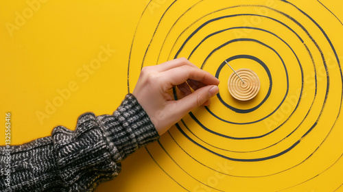 Wallpaper Mural Hand placing coin in the center of a financial target on a yellow background Torontodigital.ca