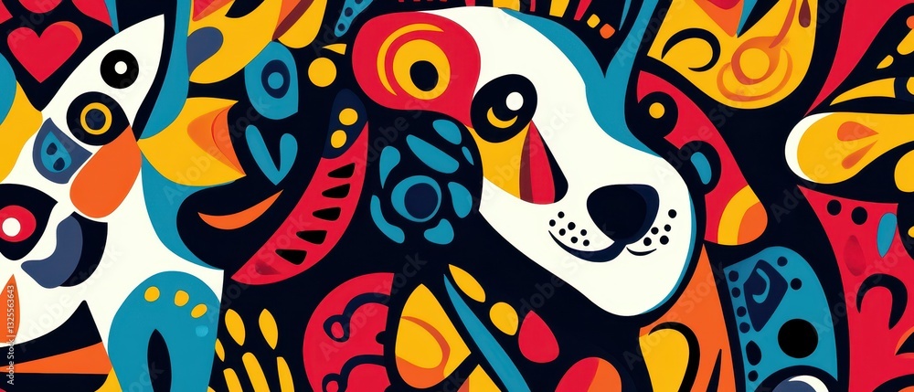 Naklejka premium Abstract tribalstyle dogs in bright hues, seamless vector background with a bold design