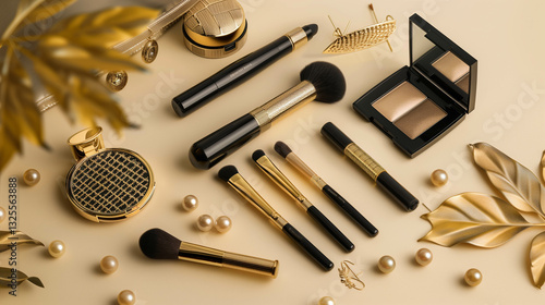 Wallpaper Mural Luxury makeup brushes and cosmetics arranged elegantly on a golden background Torontodigital.ca