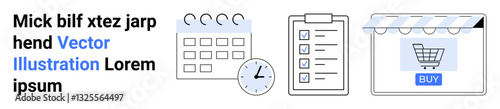 Calendar with clock, checklist, and an online store cart icon portraying productivity, planning, organization, scheduling, e-commerce, business strategy. Ideal for apps websites banners flat