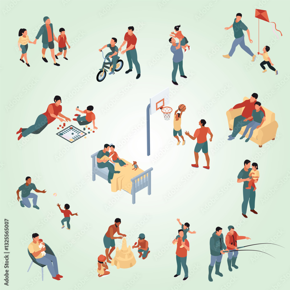 Isometric father day color set of isolated icons showing parents and kids involved in leisure activities vector illustration
Isometric father day color set of isolated icons showing parents and kids involved in leisure activities vector illustration