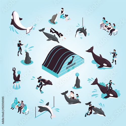 Dolphinarium isometric set of animal trainers dolphin orca performing in public and spectators isolated vector illustration