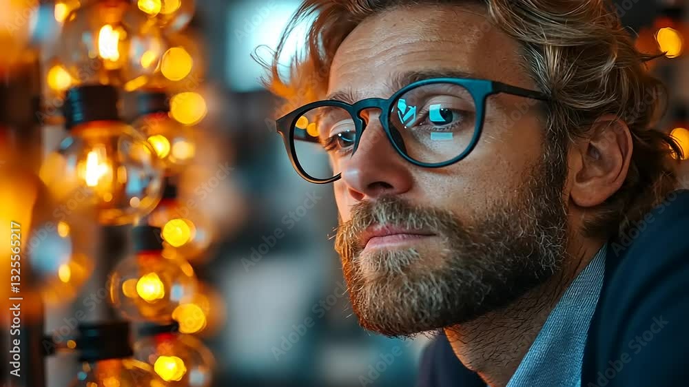 Thoughtful man with glasses gazing at glowing light bulbs in a cozy, ambient setting Thoughtful man with glasses gazing at glowing light bulbs in a cozy, ambient setting