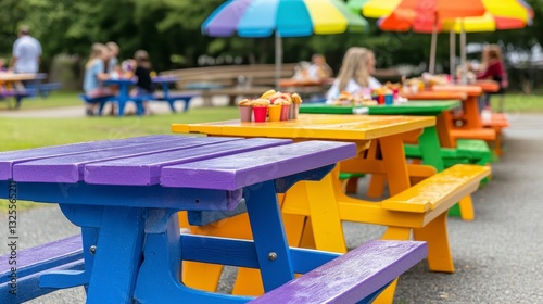 Wallpaper Mural Vibrant Picnic Area with Colorful Tables in a Summer Setting Torontodigital.ca