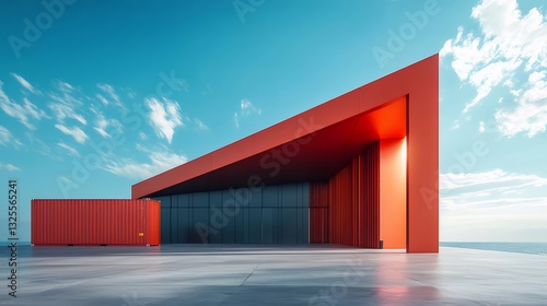Modern Red Geometric Building by the Sea