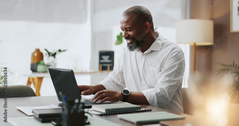 Office, black man and smile with laptop for lawyer, case research and law firm for legal aid. Career, mature person and business attorney with digital for corporate justice, review email and report Office, black man and smile with laptop for lawyer, case research and law firm for legal aid. Career, mature person and business attorney with digital for corporate justice, review email and report
