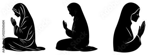 Islamic Prayer Silhouettes, Muslim Woman in Worship and Supplication Vector Illustration