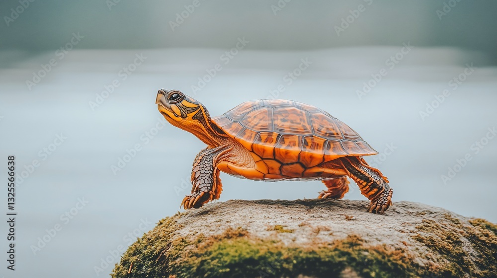 Obraz premium Turtle climbing rock, river background, wildlife, nature