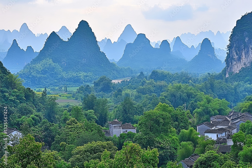 Obraz premium Lush valley with misty mountains.