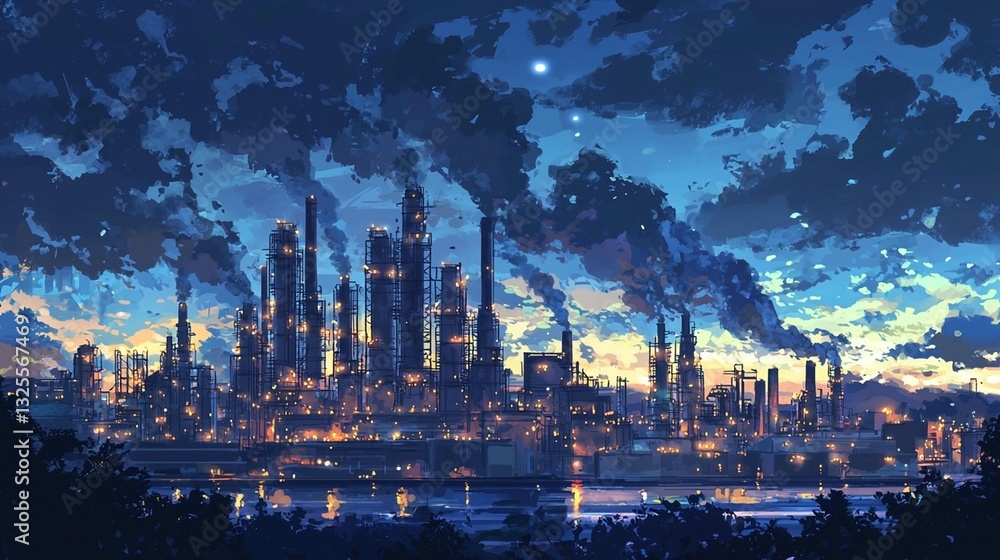Fototapeta premium Night view of illuminated industrial complex emitting smoke under a twilight sky.