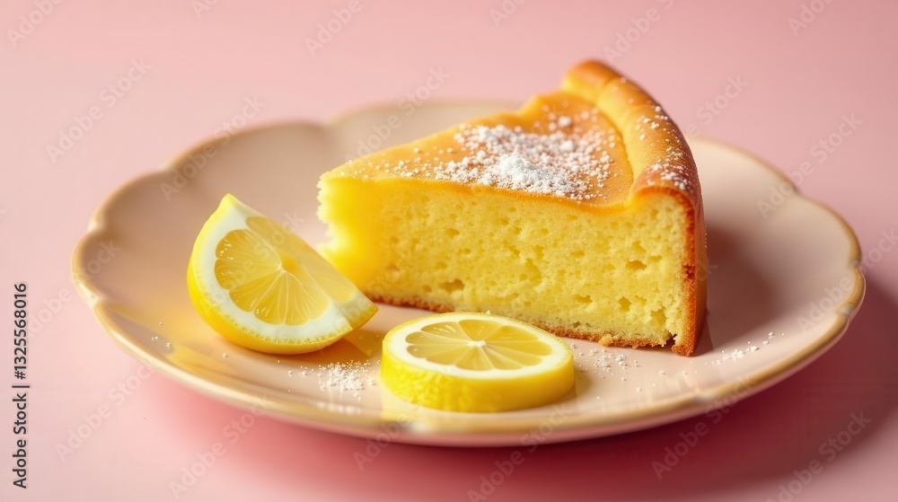 A slice of delightful lemon cake, delicately dusted with powdered sugar, served on a pastel plate alongside fresh lemon slices. A slice of delightful lemon cake, delicately dusted with powdered sugar, served on a pastel plate alongside fresh lemon slices.
