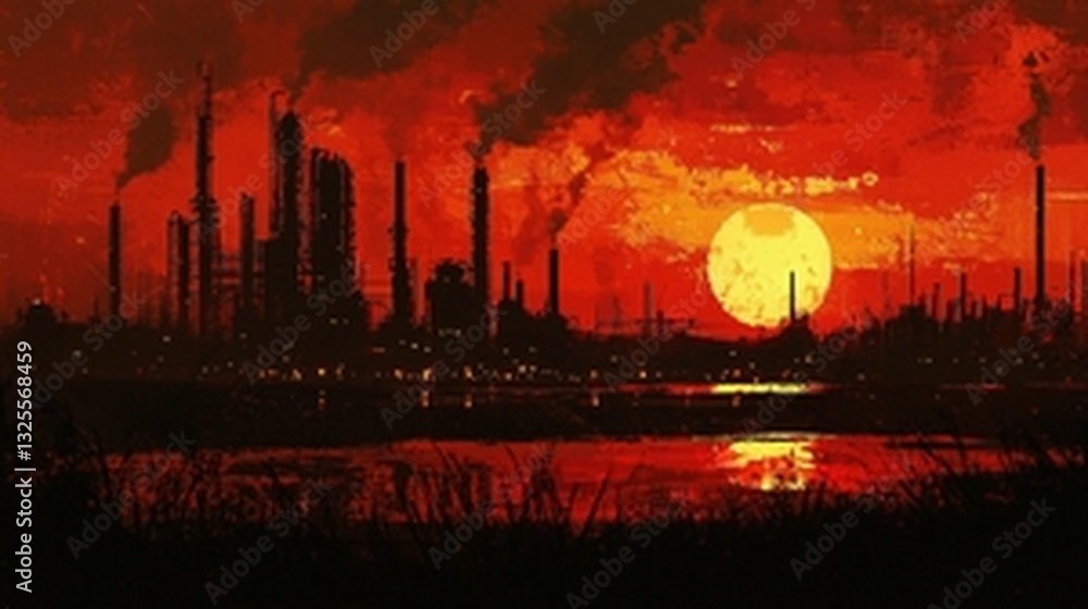 Fototapeta premium Red sunset over industrial landscape with pollution.