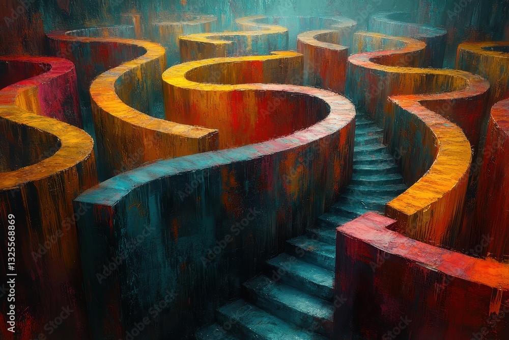 Fototapeta premium Vibrant abstract maze with winding paths and a staircase under moody lighting