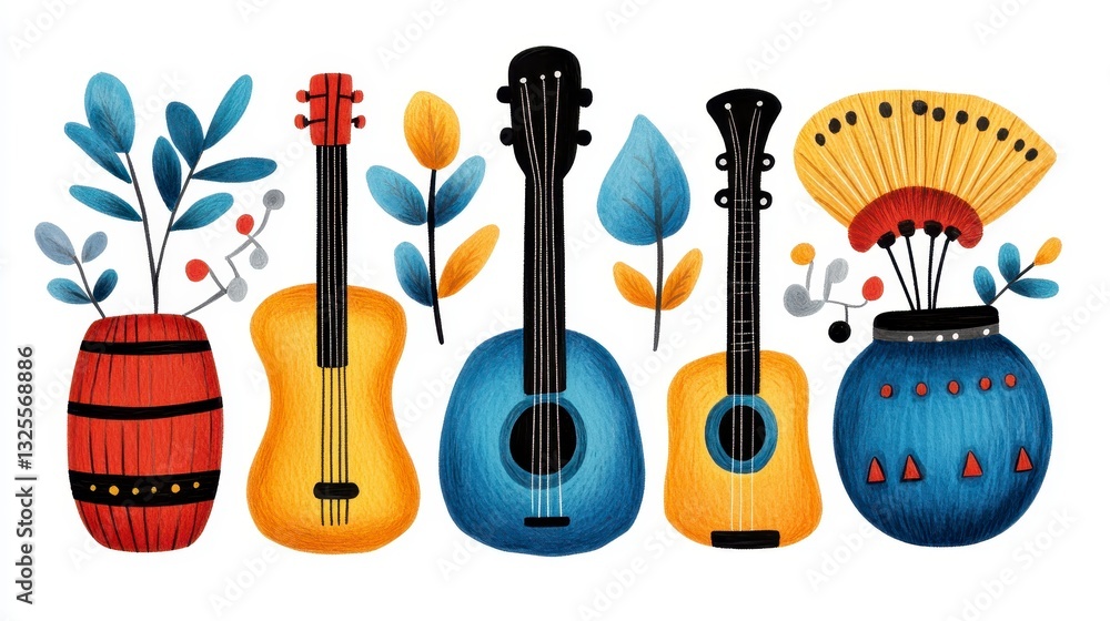 Obraz premium Colorful Hand-Drawn Musical Instruments and Decorative Plants