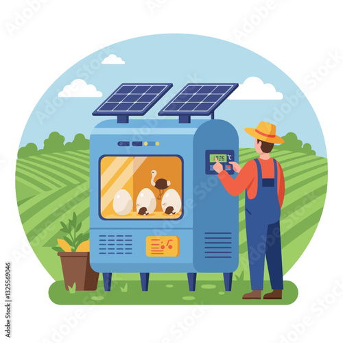 Farmer Operating Solar Powered Incubator Hatching Ostrich Egg on Farm