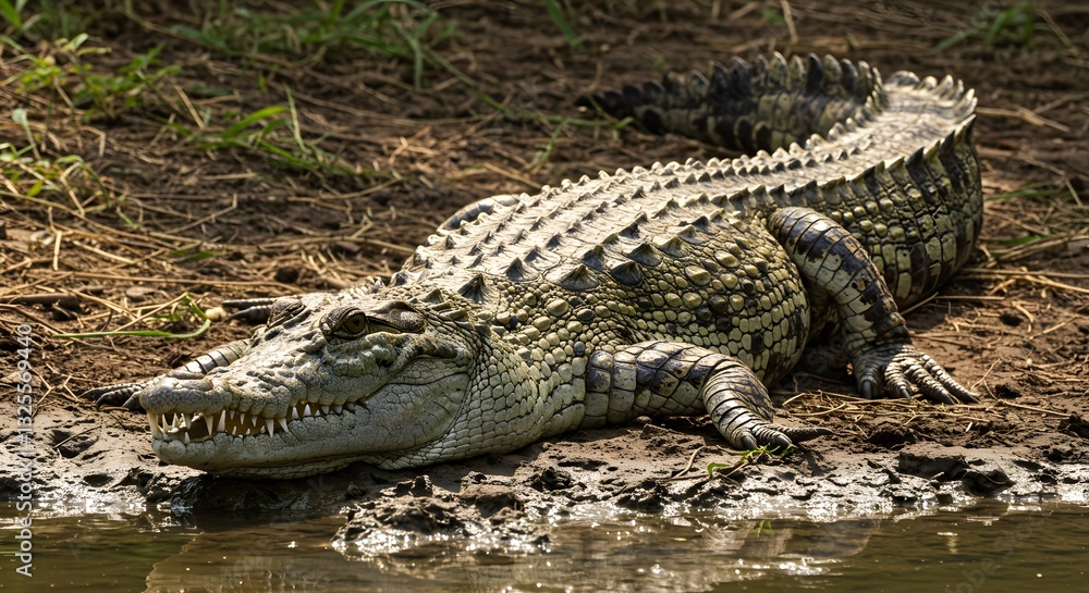 Large Crocodile Resting on Muddy Riverbank Under Golden Sunlight Large Crocodile Resting on Muddy Riverbank Under Golden Sunlight