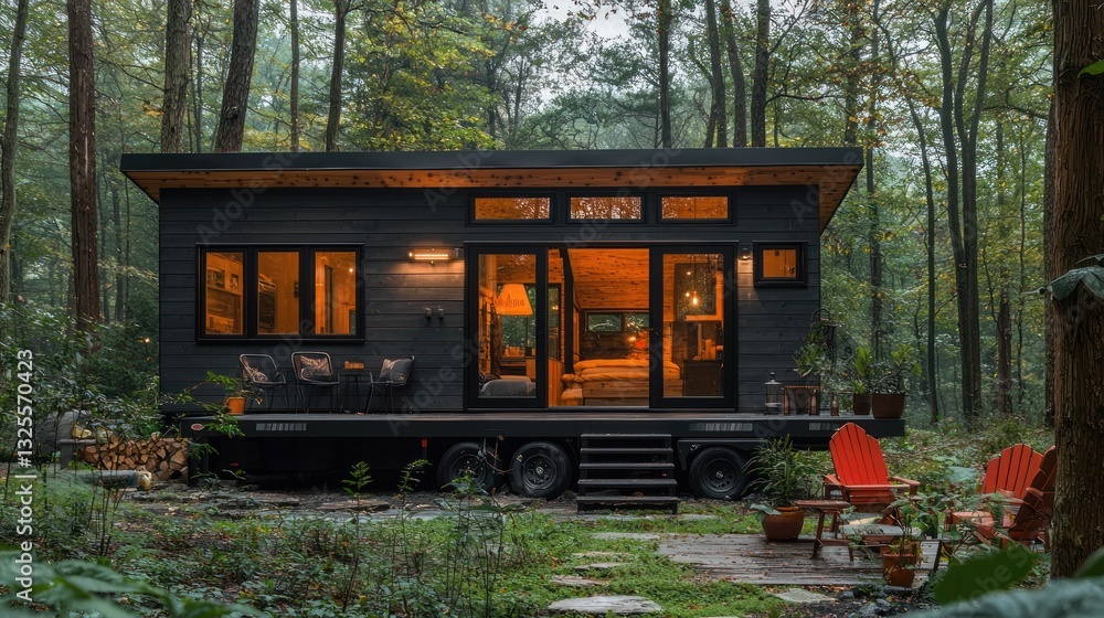 Modern tiny house in a forest at night. Modern tiny house in a forest at night.