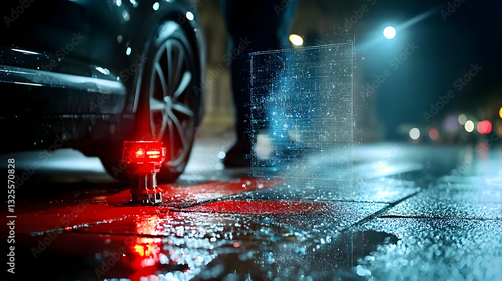 A car on a wet street with a flashing red safety light