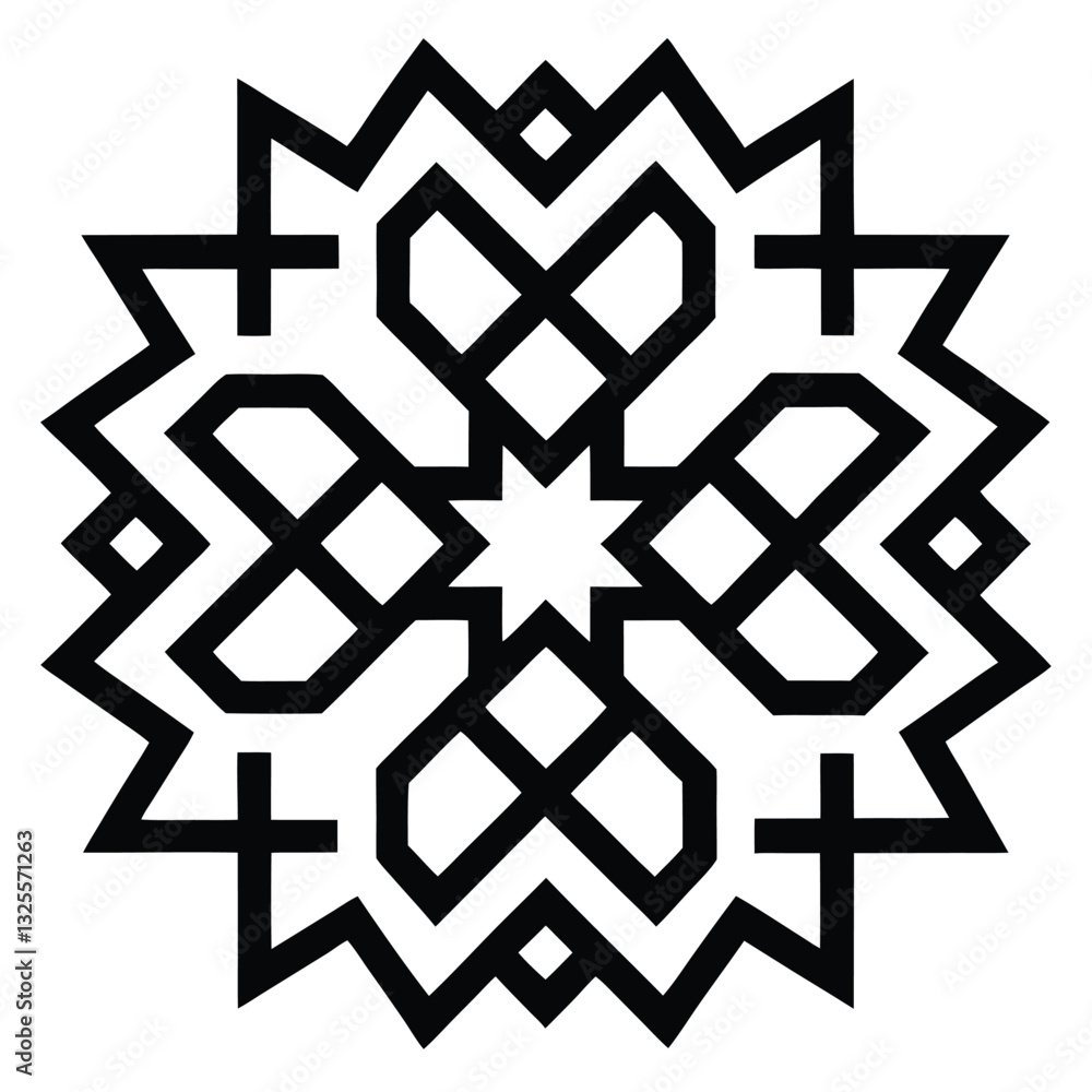 Abstract snowflake pattern on black background with geometric design and winter ornament elements. Abstract snowflake pattern on black background with geometric design and winter ornament elements.