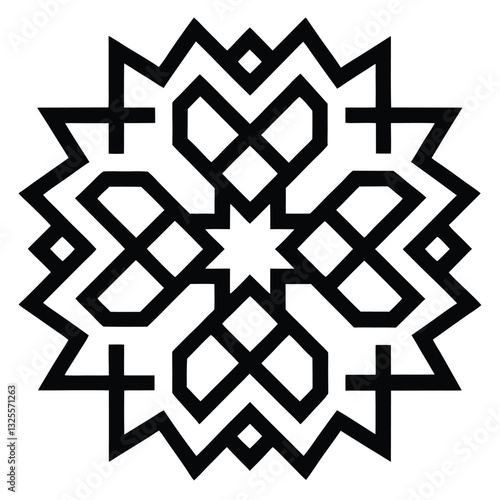 Abstract snowflake pattern on black background with geometric design and winter ornament elements.