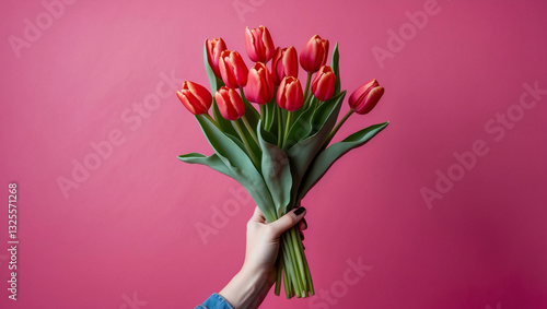 hand holding a bouquet of red tulips, pink background
