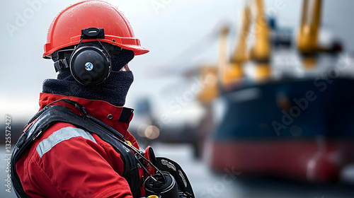 A worker wearing safety gear watches the cargo vessel approach