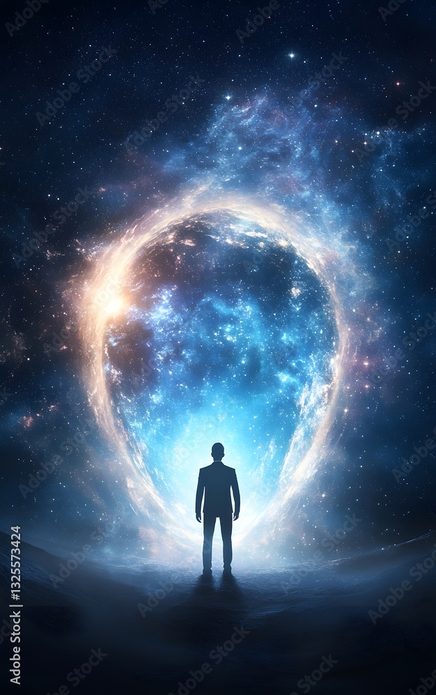 Fototapeta premium The Voyager's Gateway: A solitary figure stands before a mesmerizing cosmic portal, a beacon of exploration and infinite possibilities, embracing the unknown, a journey of discovery.