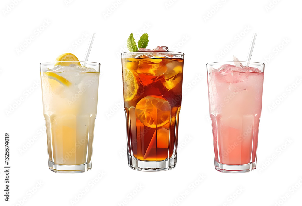 Three glasses of summer lemonade, iced tea, and pink lemonade drinks isolated on white background Three glasses of summer lemonade, iced tea, and pink lemonade drinks isolated on white background