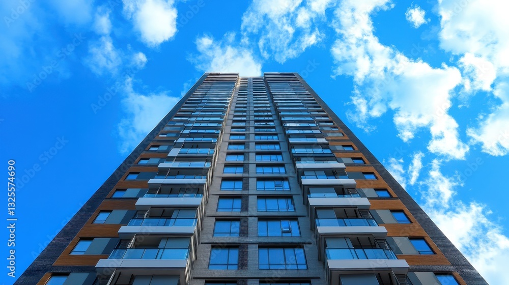 Modern high-rise apartment building against a vibrant blue sky. Ideal for real estate, architecture, and urban development projects. Modern high-rise apartment building against a vibrant blue sky. Ideal for real estate, architecture, and urban development projects.