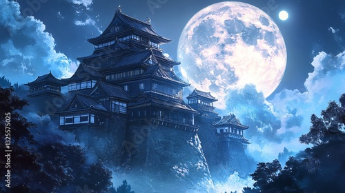 Japanese Castle Silhouetted Against a Full Moon at Night