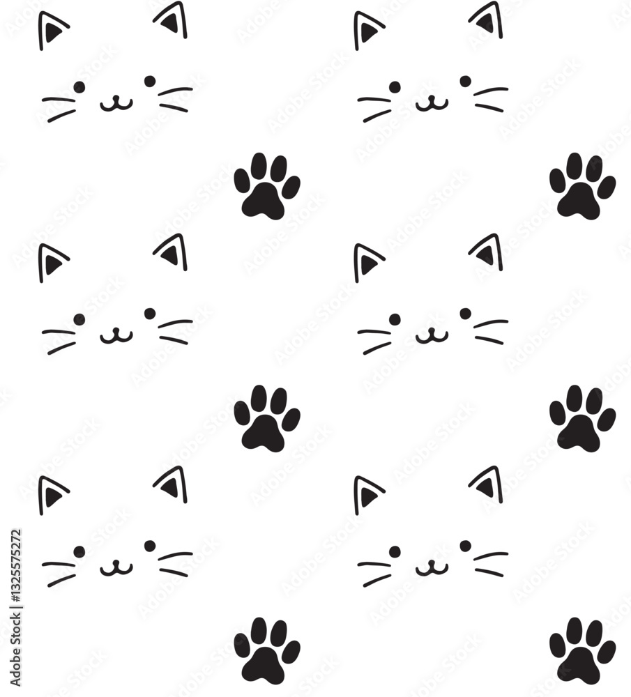 Fototapeta premium Cat faces and paws seamless pattern vector