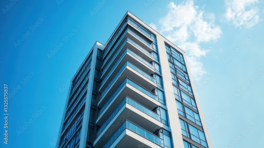 Modern high-rise apartment building against a blue sky. Perfect for real estate, architecture, and urban development projects. Modern high-rise apartment building against a blue sky. Perfect for real estate, architecture, and urban development projects.