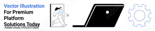 User stepping out of a smartphone, next to a laptop and gear icon. Ideal for innovation, digital solutions, teamwork, technology platforms, app development, startup ideas, abstract line flat metaphor