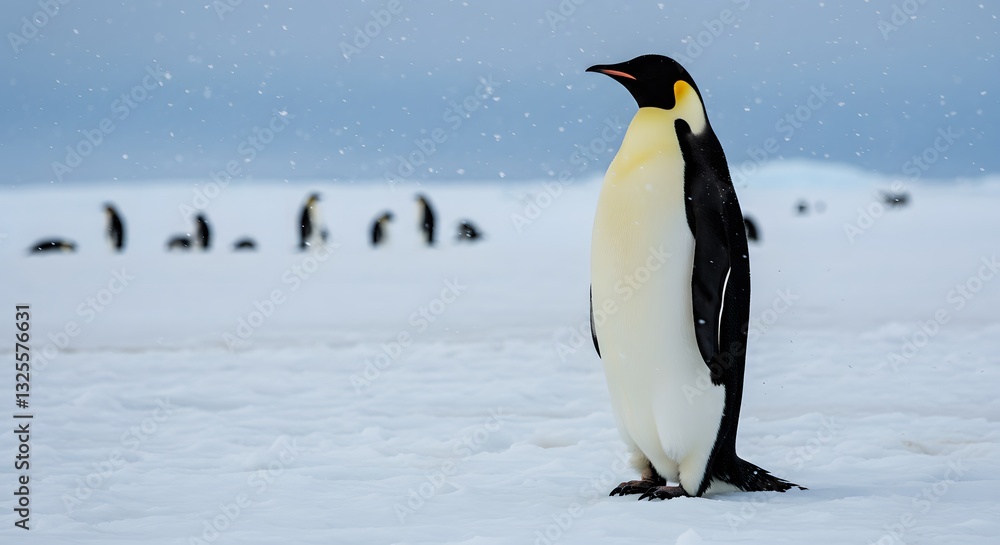 Fototapeta premium Majestic Emperor Penguin Standing on Antarctic Ice in Snowy Landscape
