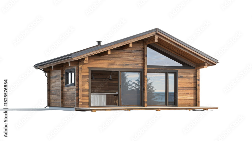 Modern wooden cabin with large windows on transparent background