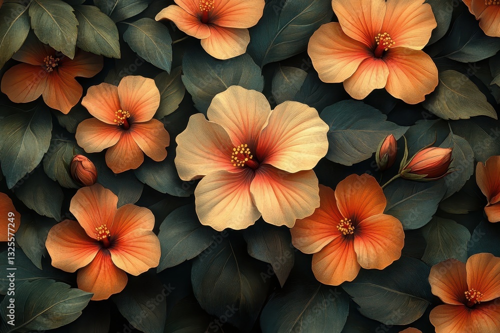 custom made wallpaper toronto digitalVibrant hibiscus flowers in various stages of bloom among lush green leaves in a tropical setting