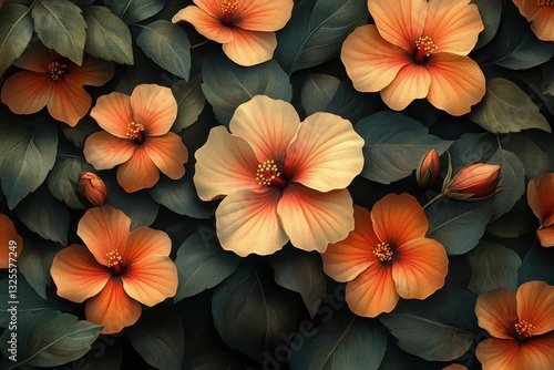 Wallpaper Mural Vibrant hibiscus flowers in various stages of bloom among lush green leaves in a tropical setting Torontodigital.ca