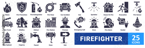 Firefighter icon set.with icon flame,prevention,extinguisher,hose, car accident, axe, sprinkler, house on fire, evacuation, fire sensor, fire truck, wildfire, helmet, fire station 