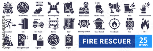 Fire Rescuer icon set. with icon mask, no smoking, smoke detector, assembly point, fuel, fire location, walkie talkie, megaphone, boot, fireproof gloves, evacuation, exit, fire truck, barrier, door 