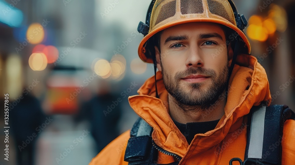 Portrait of a fireman in an urban setting. Ideal for themes of safety, courage, and urban firefighting. Portrait of a fireman in an urban setting. Ideal for themes of safety, courage, and urban firefighting.