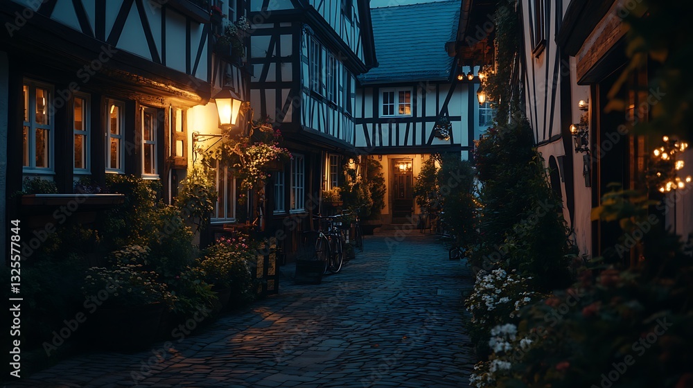 Fototapeta premium Vintage Cobblestone Alley with Warm Lit Fachwerk Houses at Night