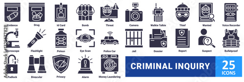 Criminal Inquiry icon set. with icon evidence, drug, id card, bomb, threat, camera, walkie talkie, thief, wanted, voice recorder, microscope, flashlight, poison, eye scan, police car, jail, dossier 