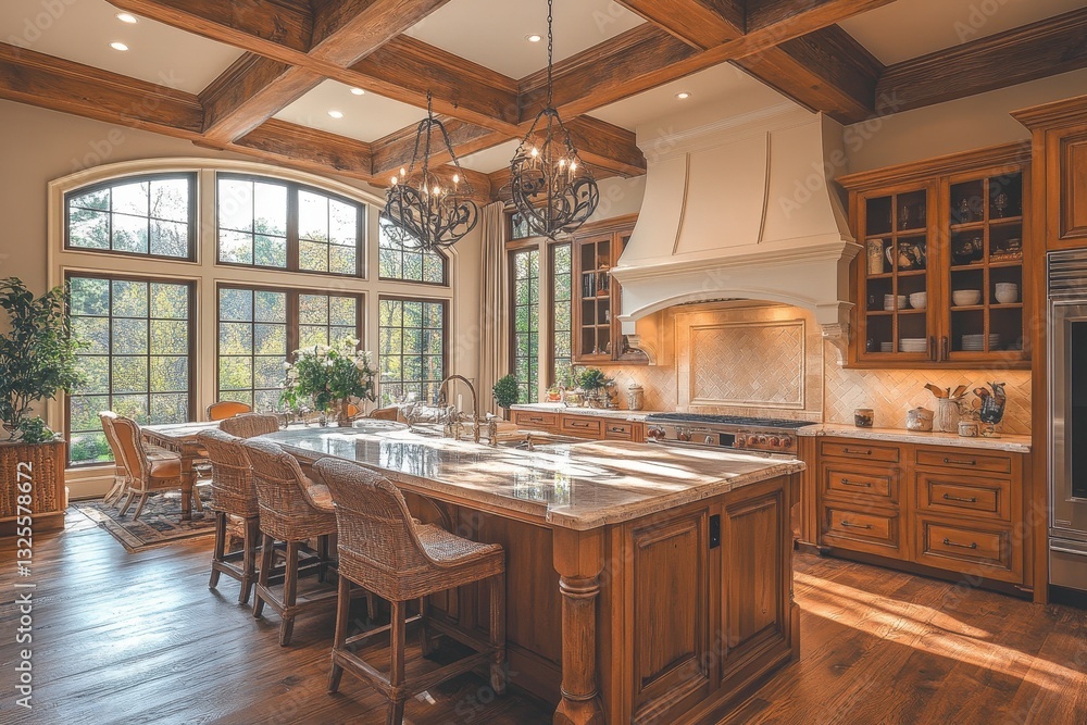 Bright and spacious kitchen with wooden beams and elegant design featuring a large island and natural light Bright and spacious kitchen with wooden beams and elegant design featuring a large island and natural light