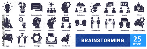 Brainstorming icon set. with icon idea, solution, communication, brainstorm, think, brainstorm, innovation, discussion, advice, opinion, warning, hand up, brainstorm, decision, information 