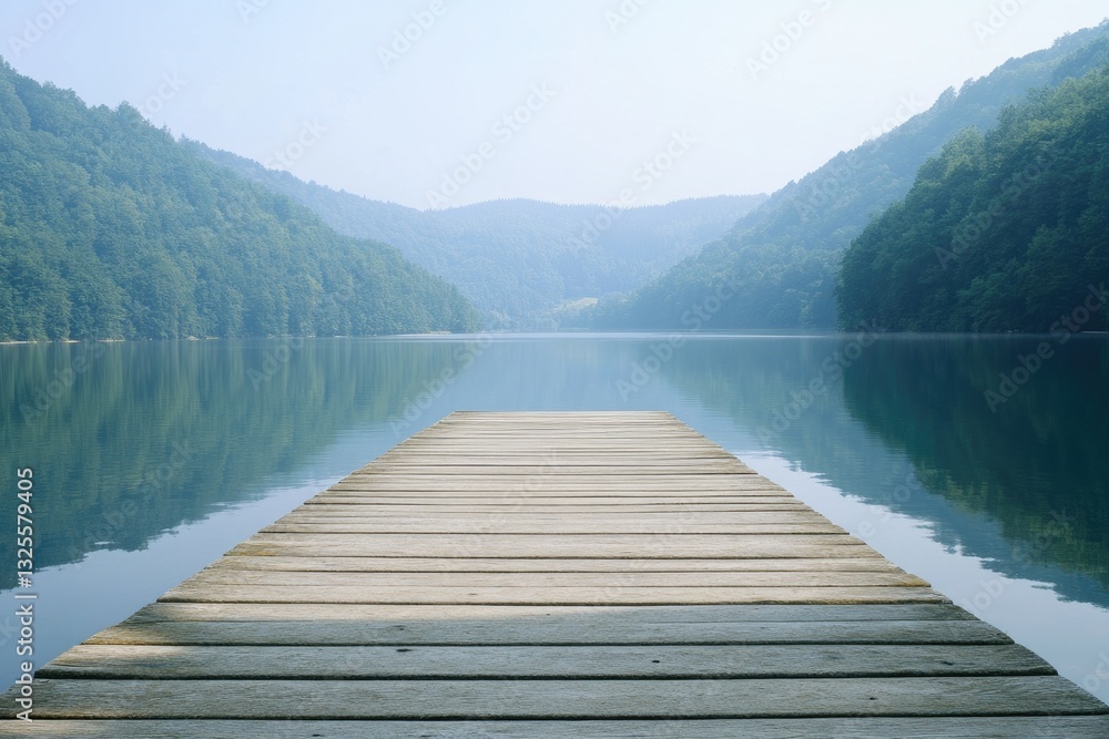 Fototapeta premium Serene lakefront wooden dock extending into a tranquil mountain landscape