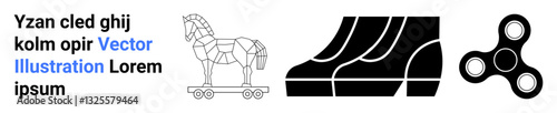 Geometric Trojan horse with wheels, abstract shoe silhouettes, and a black fidget spinner depicted in minimalist style. Ideal for technology, design, creativity, innovation, strategy, art flat