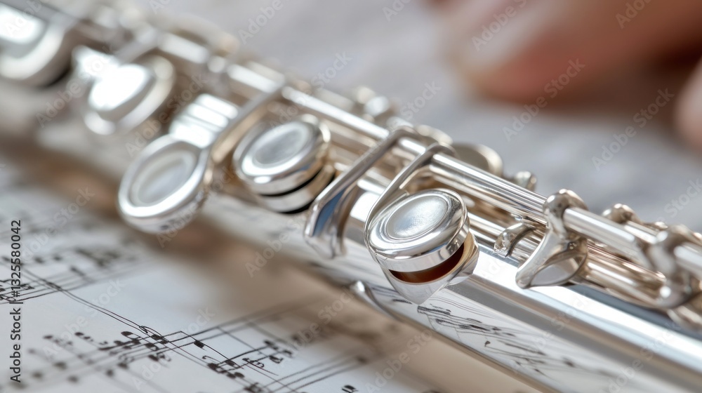 Fototapeta premium Close-up of a silver flute on music sheets. Detailed view of keys and mouthpiece