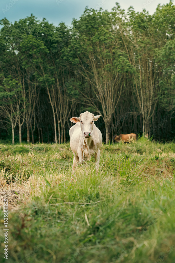 White Cow Grazing in a Green Pasture with Forest Background White Cow Grazing in a Green Pasture with Forest Background
